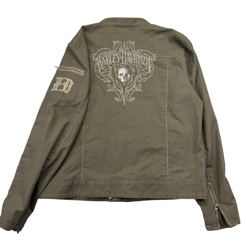 Harley Davidson Jacket Womens XL Green Skull Studded Moto Cafe Racer Biker - Picture 3 of 16